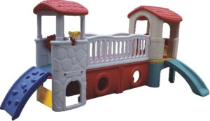 INDOOR OUTDOOR PLASTIC PLAYHOUSE WITH A SLIDE FOR KIDS ACTIVITY. SIZE; 300X257X175CM SIZE: 400X170X175CM