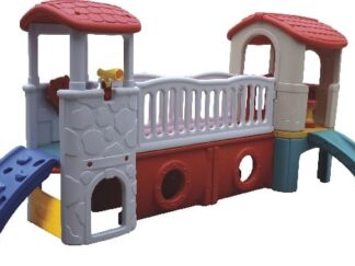 Indoor Outdoor Plastic playhouse-twin tower play house- with a Slide For Kids Activity. Size: 400x170x175cm