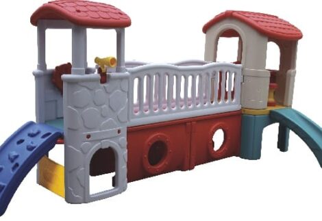 Indoor Outdoor Plastic playhouse-twin tower play house- with a Slide For Kids Activity. Size: 400x170x175cm