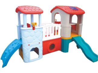 Indoor & Outdoor Plastic Playhouse – Twin Tower with Slide | Kids Activity | Size: 300x257x175 cm