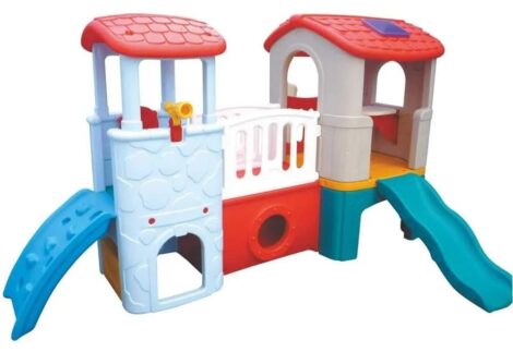 Indoor & Outdoor Plastic Playhouse – Twin Tower with Slide | Kids Activity | Size: 300x257x175 cm