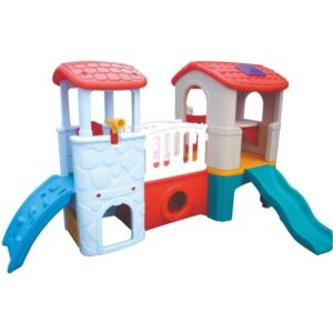 INDOOR OUTDOOR PLASTIC PLAYHOUSE WITH A SLIDE FOR KIDS ACTIVITY. SIZE; 300X257X175CM