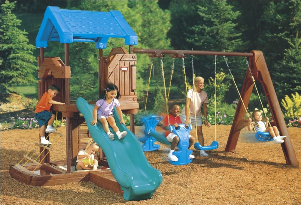 Indoor & Outdoor Plastic Playset for Kids with Slide, Stair, and Three Swings | Size: 425x218x235 cm