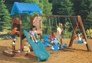 Indoor & Outdoor Plastic Playset for Kids with Slide, Stair, and Three Swings | Size: 425x218x235 cm