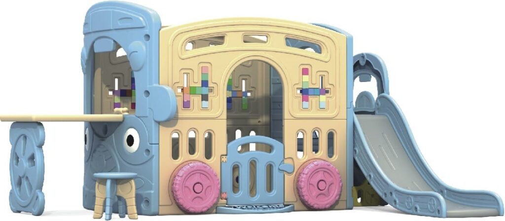 Kids Indoor Playhouse Set with Slide, Swing, Table & Chair – Plastic Toy – Size: 240×220×130 cm