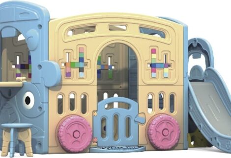 Kids Indoor Playhouse Set with Slide, Swing, Table & Chair – Plastic Toy – Size: 240×220×130 cm