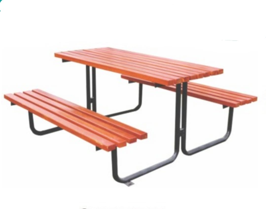 Wooden Outdoor Picnic table and bench set with an umbrella hole. Size; 120x150x70cm