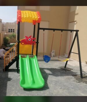 OUTDOOR PLAYGROUND TOY WITH 2 SWINGS AND DOUBLE SLIDE, SET SIZE ; 380X230X300CM