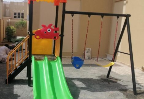 Outdoor Playground Toy with 2 Swings & Double Slide – Compact & Fun for Kids – Size 380x230x300 cm