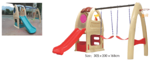INDOOR OUTDOOR PLASTIC PLAYHOUSE WITH A SLIDE AND 2 SWINGS FOR KIDS ACTIVITY. SIZE ; 305*200*168 CM