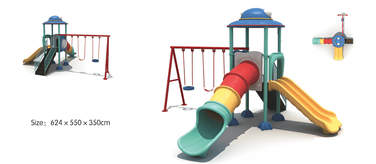 Outdoor Heavy Duty Playground Set for Kids – 3 Slides & 3 Swings – Size: 624x550x350 cm