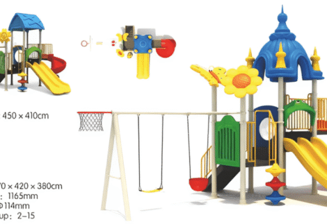 Outdoor Heavy Duty Playground Set for Kids – 3 Slides, 2 Swings & Basketball Net – Size: 670x420x380 cm