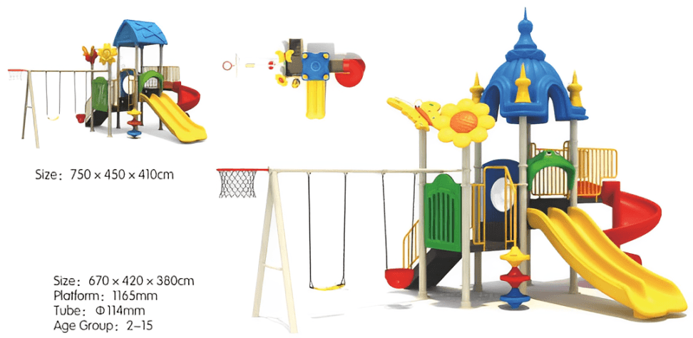 Outdoor Heavy Duty Playground Set for Kids – 3 Slides, 2 Swings & Basketball Net – Size: 670x420x380 cm
