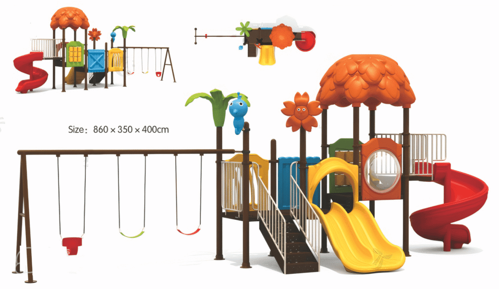 Outdoor Heavy Duty Playground Set for Kids – 3 Slides & 3 Swings – Size: 860x350x400 cm
