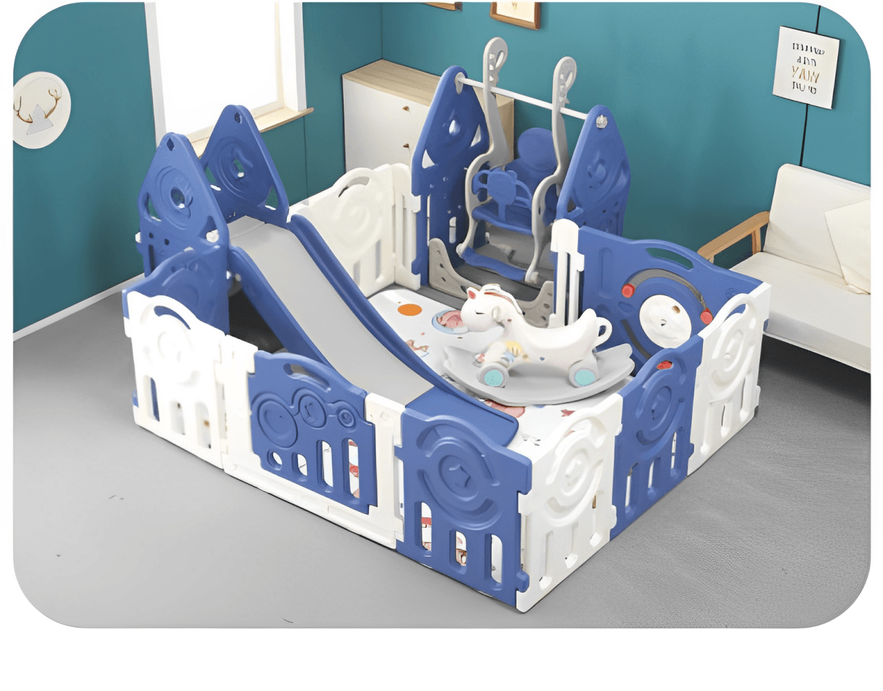 5-in-1 Multi-Function Kids Playset (Slide, Swing, Seesaw, Play Mat, Playpen) – Size: 180x150x60 cm