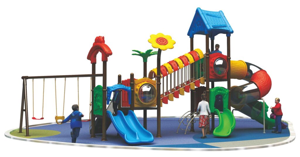 Big Outdoor Heavy Duty Playground Set for Kids – 4 Slides & 3 Swings – Size: 1290x410x520 cm