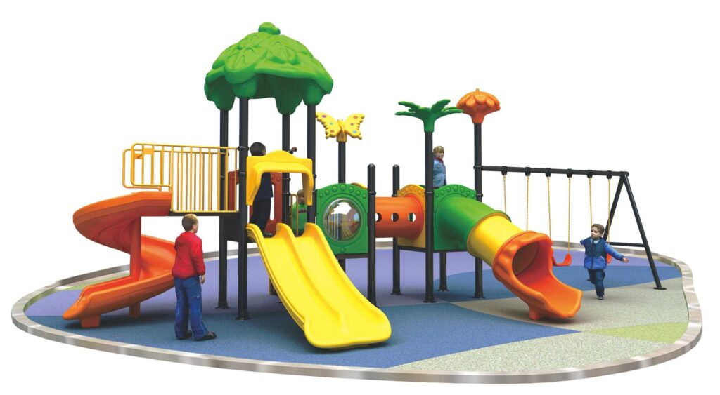 Outdoor Heavy Duty Playground Set for Kids – 4 Slides & 3 Swings – Size: 1000x470x400 cm