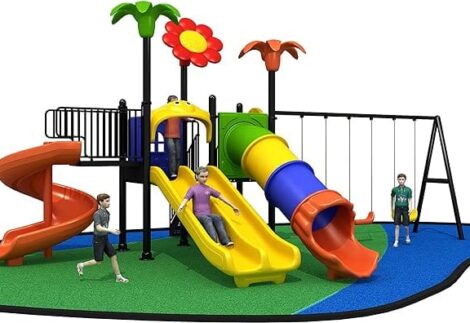 Outdoor Heavy Duty Playground Set for Kids – 4 Slides & 3 Swings – Size: 800x550x350 cm