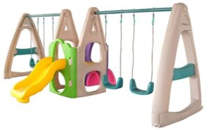 INDOOR OUTDOOR PLASTIC PLAYHOUSE WITH A SLIDE AND 4 SWINGS FOR KIDS ACTIVITY. SIZE ; 500X242X185CM
