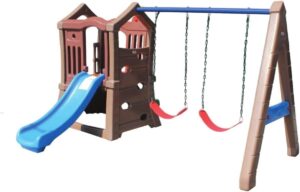 INDOOR OUTDOOR PLASTIC PLAYSET WITH A SLIDE AND TWO SWINGS FOR KIDS ACTIVITY. SIZE ; 329X257X175CM
