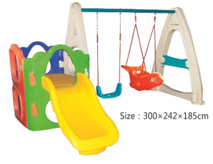 INDOOR OUTDOOR PLASTIC PLAYHOUSE WITH A SLIDE AND 2 SWINGS FOR KIDS ACTIVITY. SIZE ; 300X242X185CM