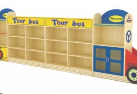 Kids Wooden Cabinet And Shelfs Multipurpose Organiser Set With Tour Bus Design size ;380X30X120CM