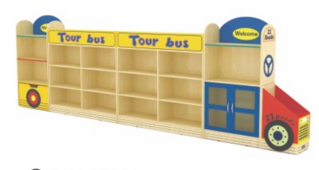 Kids Wooden Cabinet And Shelfs Multipurpose Organiser Set With Tour Bus Design size ;380X30X120CM