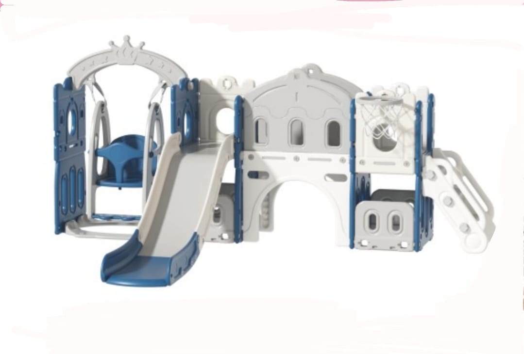 Indoor/Outdoor Slide & Swing Set (Blue & Gray) – Size: 221x165x122 cm