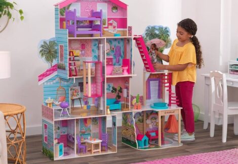 Big Wooden Dollhouse with Balcony & Elevator - 145×42×150 cm