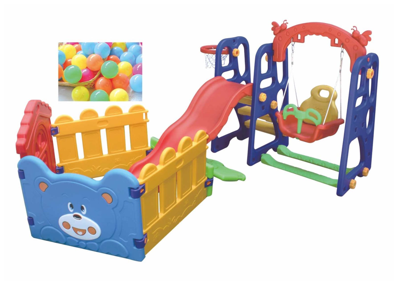 Indoor Ball Pool Playset with Slide, Swing & Basketball Net – Size: 170x158x130 cm