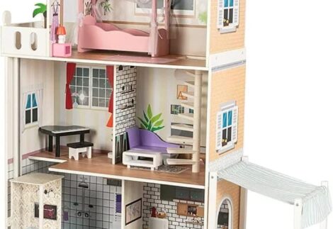 Big Wooden Dollhouse with Balcony & Elevator - 110×33×120 cm