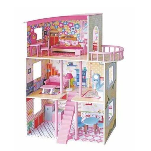 Big Wooden Dollhouse with Balcony & Stairs - 75×30×110 cm