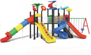 BIG OUTDOOR HEAVY DUTY PLAYGROUND SET FOR KIDS, 4 SLIDES, 3 SWINGS AND CLIMPING NET. SIZE: 1150X360X390CM
