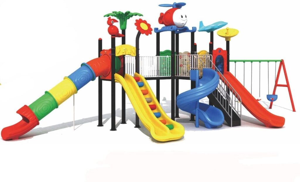Big Outdoor Playground Set – 4 Slides, 3 Swings & Climbing Net – Heavy Duty – Size 1150x360x390 cm