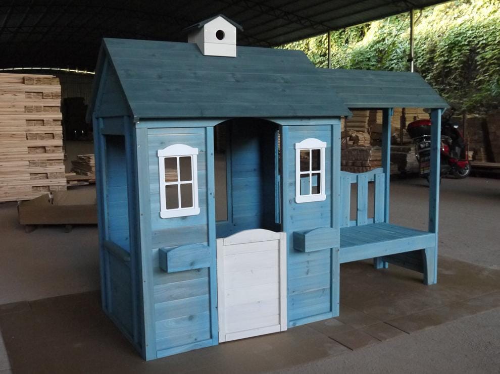 Wooden Playhouse for Kids – Outdoor Toy with Door, Windows, Bench & Accessories – Size: 204×93×173 cm
