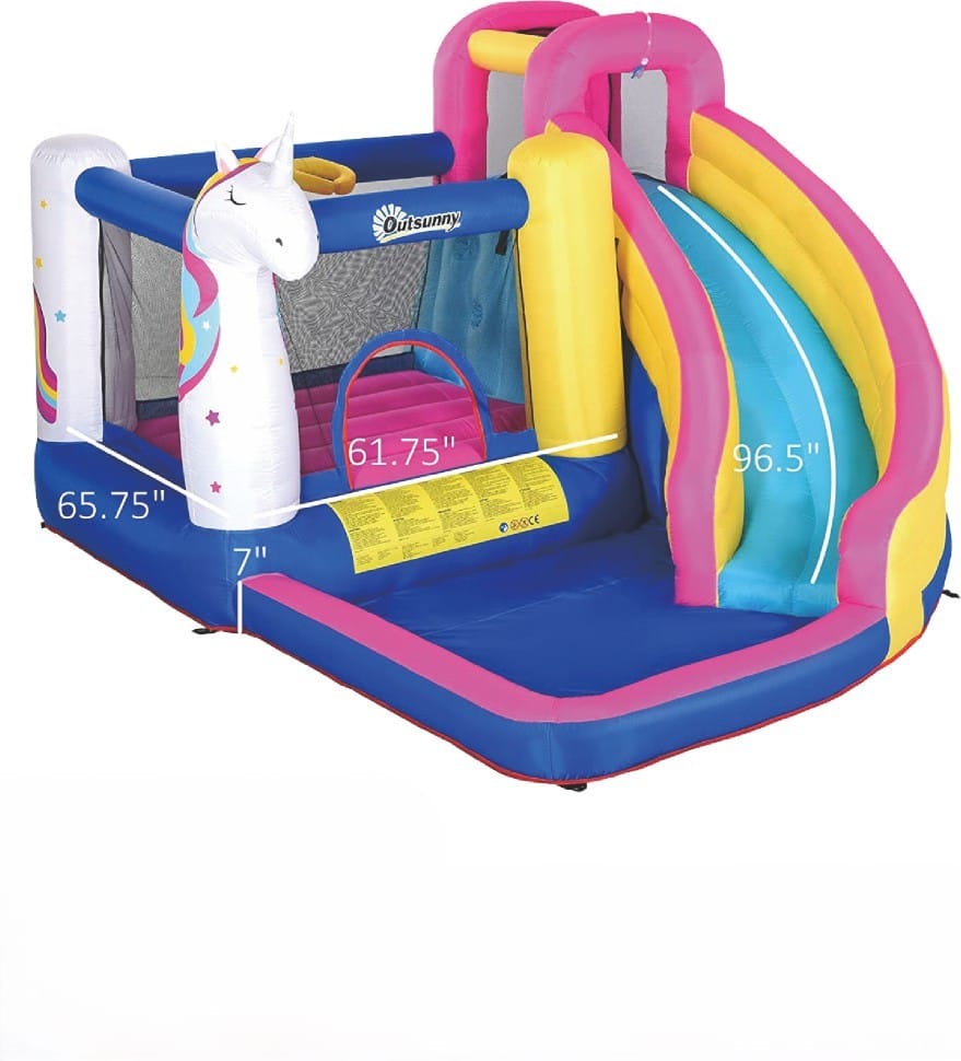 5-in-1 Unicorn Inflatable Bounce House - Slide, Wall, Water Gun, Basketball Hoop & More - Size: 380×320×210 cm