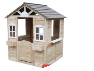 Wooden Kids Playhouse – Outdoor Toy with Service Station, Door, Windows & Flower Holder – Size: 113×97×131 cm