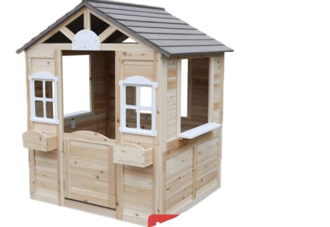 Wooden Kids Playhouse – Outdoor Toy with Service Station, Door, Windows & Flower Holder – Size: 113×97×131 cm