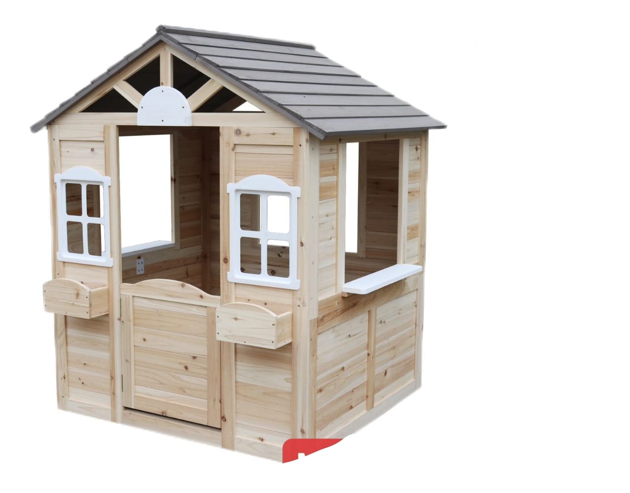 Wooden Kids Playhouse – Outdoor Toy with Service Station, Door, Windows & Flower Holder – Size: 113×97×131 cm