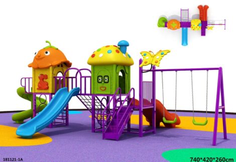 Outdoor Playground for Kids – 4 Slides & 2 Swings – Bright Colorful Set – Size 740x420x260 cm