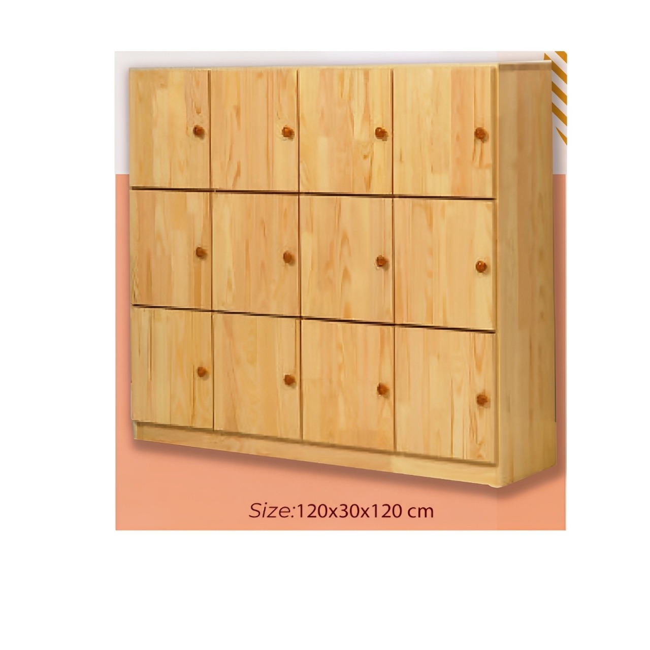 andard Kids Bookshelf in Natural with Cabinet Knobs and 9 Doors. Size: 120 X 30 X 120 cm
