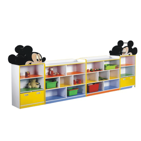 Indoor wooden kids Storage Shelf Nursery School Furniture -Mickey Cabinet-
Size : 366x30x130 cm