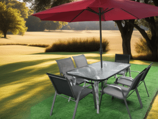Outdoor Furniture rectangular garden table with 6 chairs and red parachute