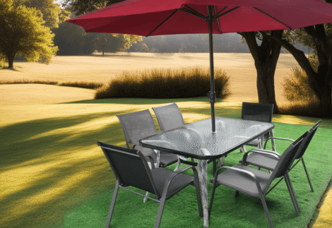 Outdoor Furniture rectangular garden table with 6 chairs and red parachute