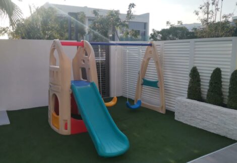 Indoor & Outdoor Plastic Playset with House, Slide, and Two Swings | Kids Activity | Size: 280x270x195 cm