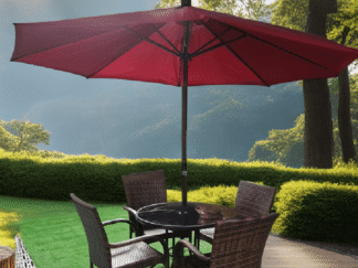 Outdoor Furniture round table, black glass, with 4 chairs and one red parachute