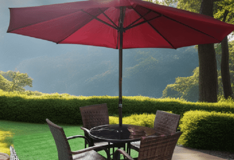 Outdoor Furniture round table, black glass, with 4 chairs and one red parachute