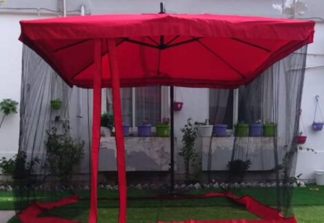Outdoor furniture 2.5m garden  Parachute steel iron sun parasol patio shading Cabana with gauze sidewal, Mosquito Netting - wine red-
