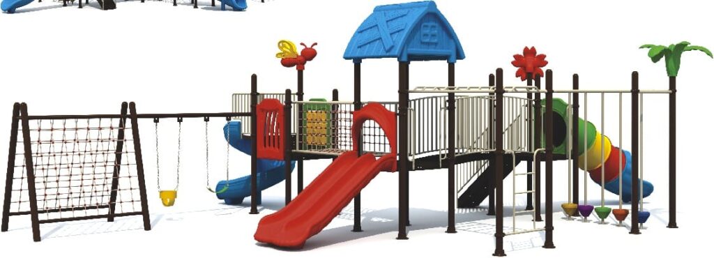 Big Outdoor Heavy Duty Playground Set for Kids – 4 Slides, 2 Swings & 3 Climbing Nets – Size: 1250x910x400 cm