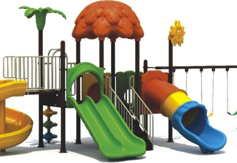 Outdoor Heavy Duty Playground Set for Kids – 4 Slides & 3 Swings – Size: 855x450x425 cm